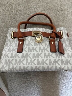 Michael Kors Beige MK Monogram Satchel with Brown Trim